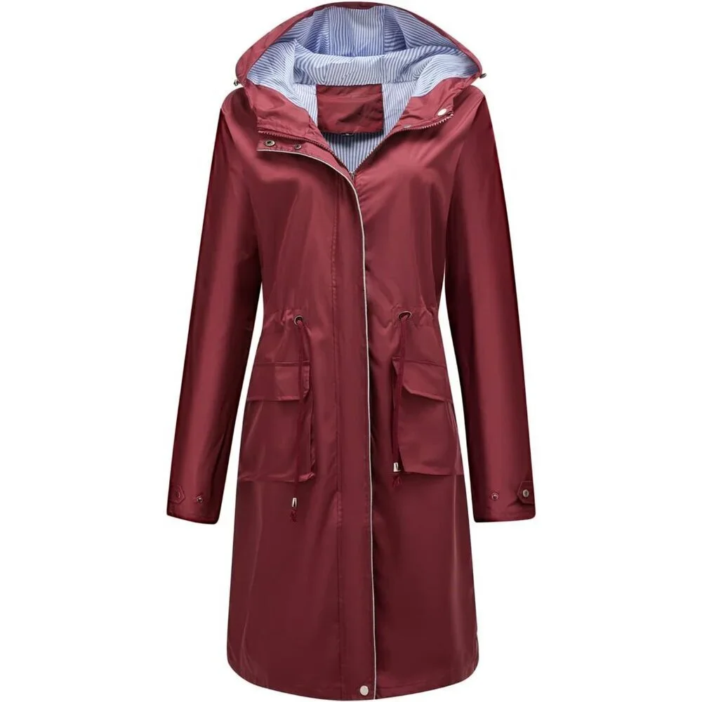 Women's Hooded Rain Jacket Long Waterproof Raincoat Casual Full Zip Anorak Midi